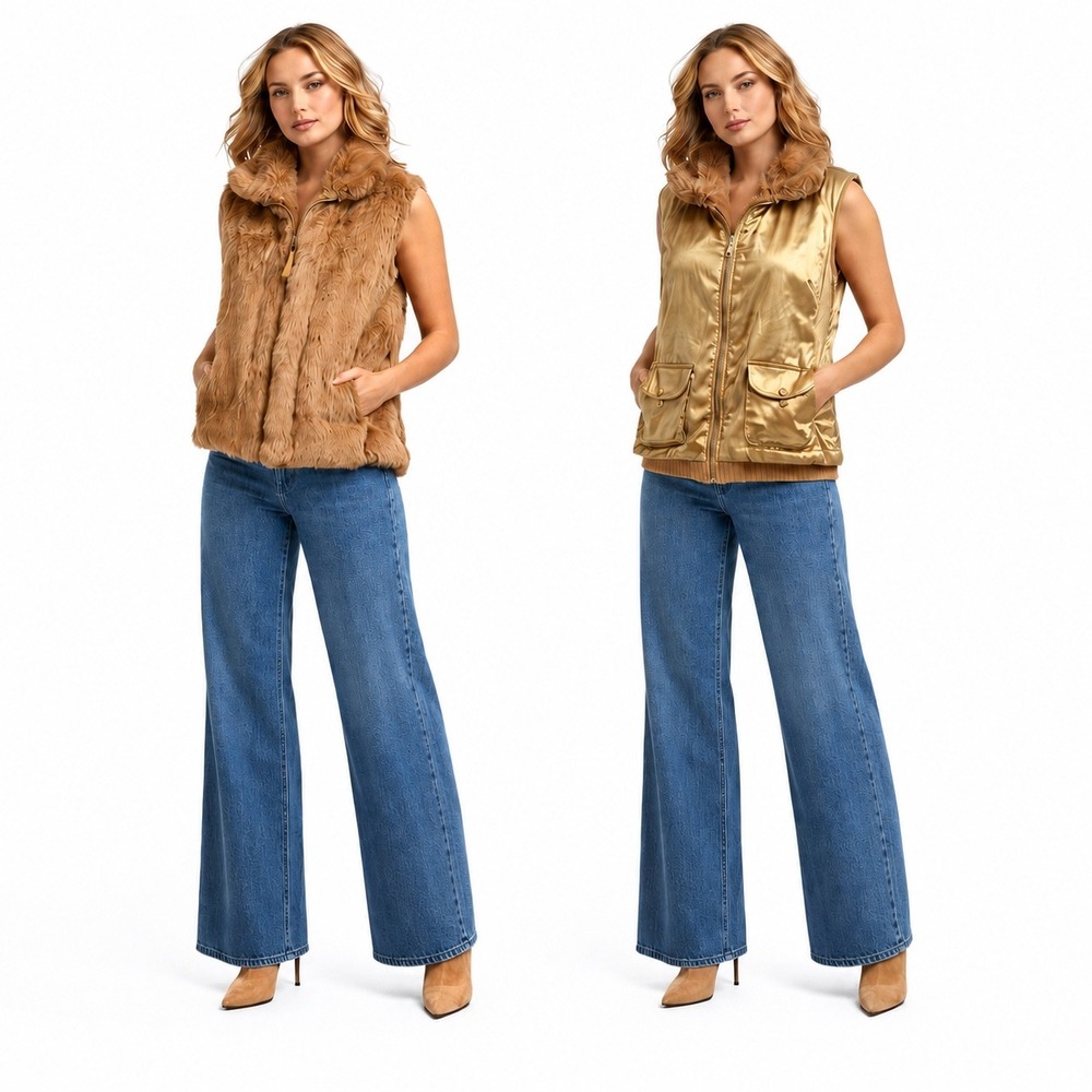 miFresia Women Reversible Rabbit Fur Satin Vest Gold Knit Back Sz M Luxury Y2K
